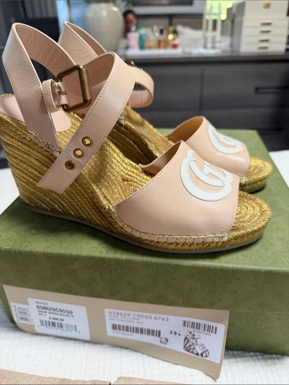 Gucci Pink Leather GG Espadrille Wedge Sandals with Gold Rope Platform